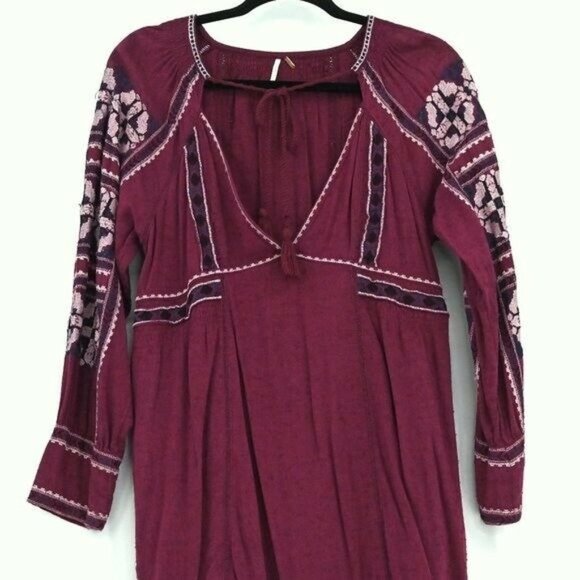 FREE PEOPLE Womens Size XS Wine Purple All My Life Embroidered Mini Dress Boho - Picture 4 of 10
